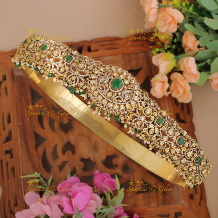 Stunning Peacock and floral design gold finish victorian ad hipbelt with pearls pink beads and stones