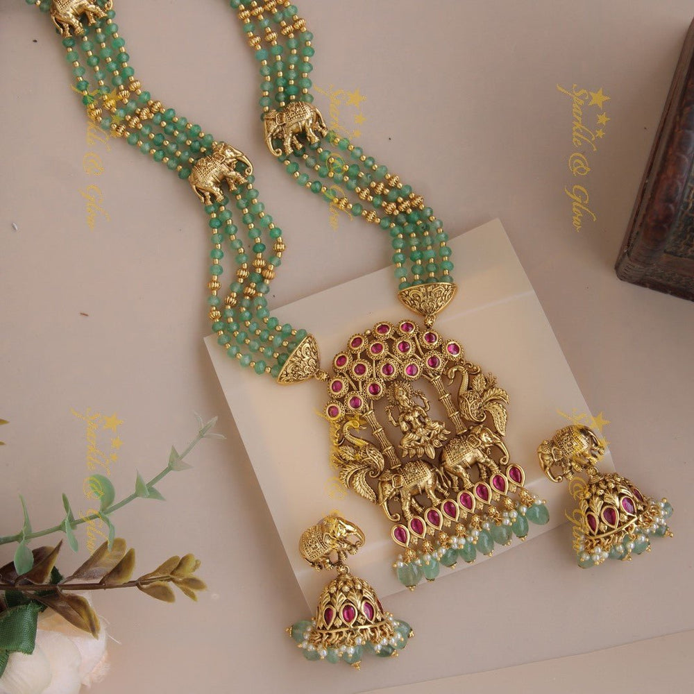 Exclusive Lakshmi peacock elephant carved jadau haram with multi layer mint green beads chain - Sparkle and Glow - Mintgreen - Back Thread