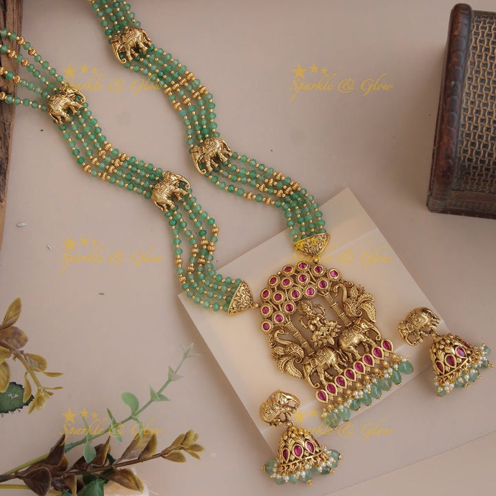 Exclusive Lakshmi peacock elephant carved jadau haram with multi layer mint green beads chain - Sparkle and Glow - Mintgreen - Back Thread