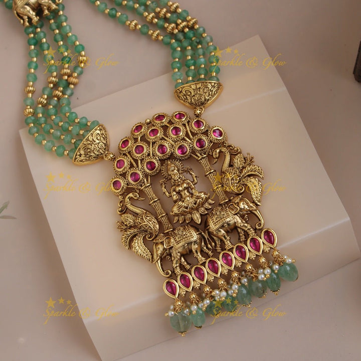 Exclusive Lakshmi peacock elephant carved jadau haram with multi layer mint green beads chain - Sparkle and Glow - Mintgreen - Back Thread