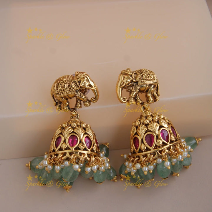 Exclusive Lakshmi peacock elephant carved jadau haram with multi layer mint green beads chain - Sparkle and Glow - Pearl - Back Thread