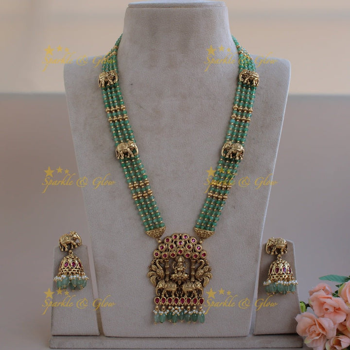Exclusive Lakshmi peacock elephant carved jadau haram with multi layer mint green beads chain - Sparkle and Glow - Mintgreen - Back Thread