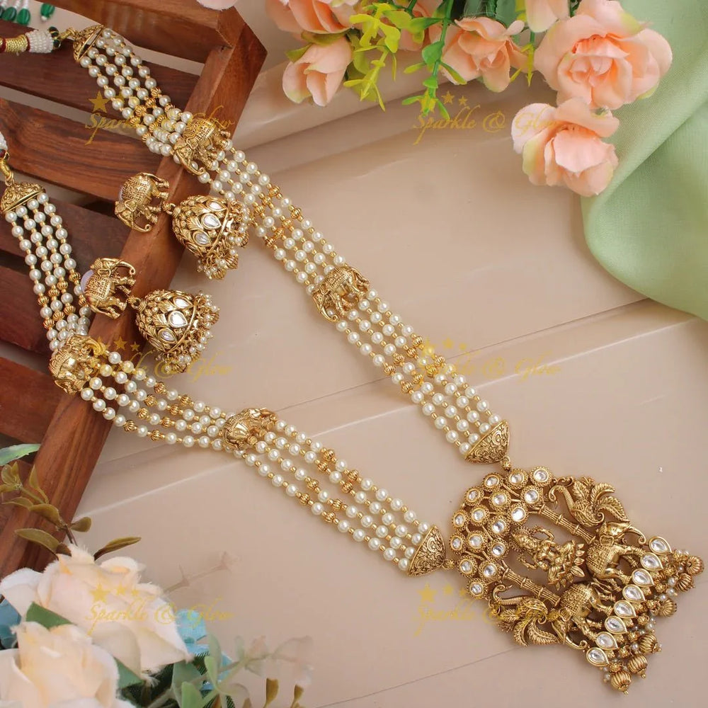 Exclusive Lakshmi peacock elephant carved jadau haram with multi layer mint green beads chain - Sparkle and Glow