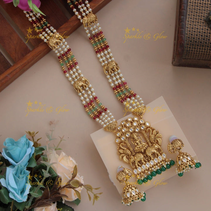 Exclusive Lakshmi peacock elephant carved jadau haram with multi layer mint green beads chain - Sparkle and Glow - Multi - Back Thread