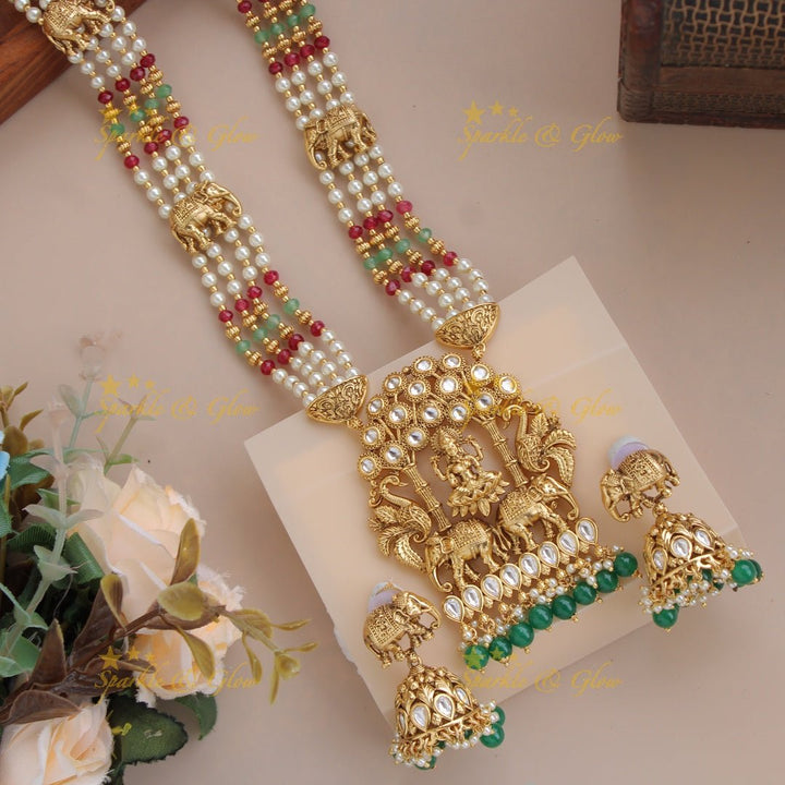 Exclusive Lakshmi peacock elephant carved jadau haram with multi layer mint green beads chain - Sparkle and Glow - Mintgreen - Back Thread