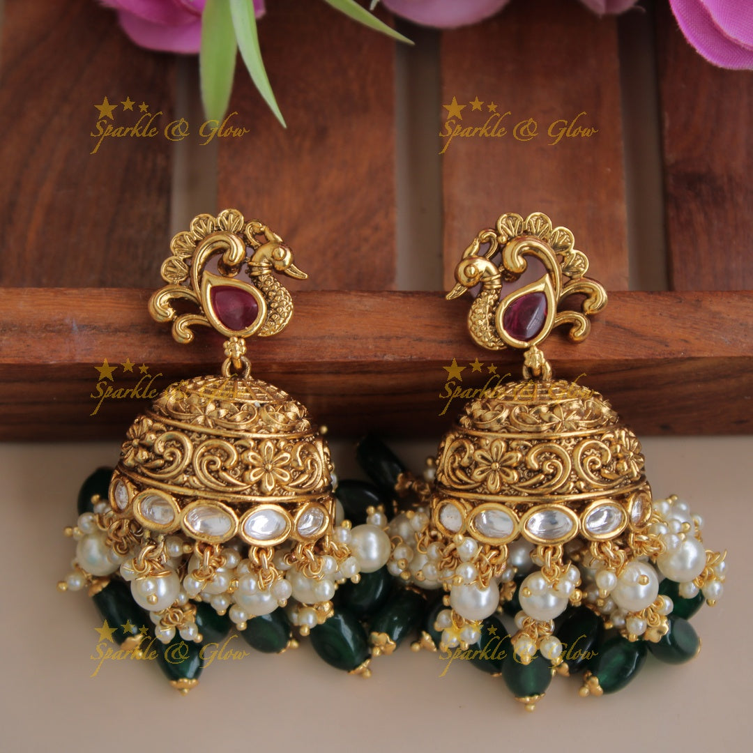 Statement Radha Krishna  jadau pendent haram with multi layer pearl chain and green beads
