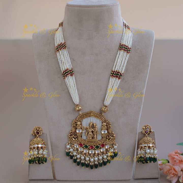 Statement Radha Krishna  jadau pendent haram with multi layer pearl chain and green beads