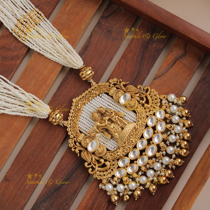 Statement Radha Krishna  jadau pendent haram with multi layer pearl chain and gold beads