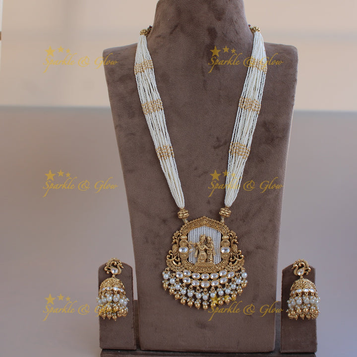 Statement Radha Krishna  jadau pendent haram with multi layer pearl chain and gold beads
