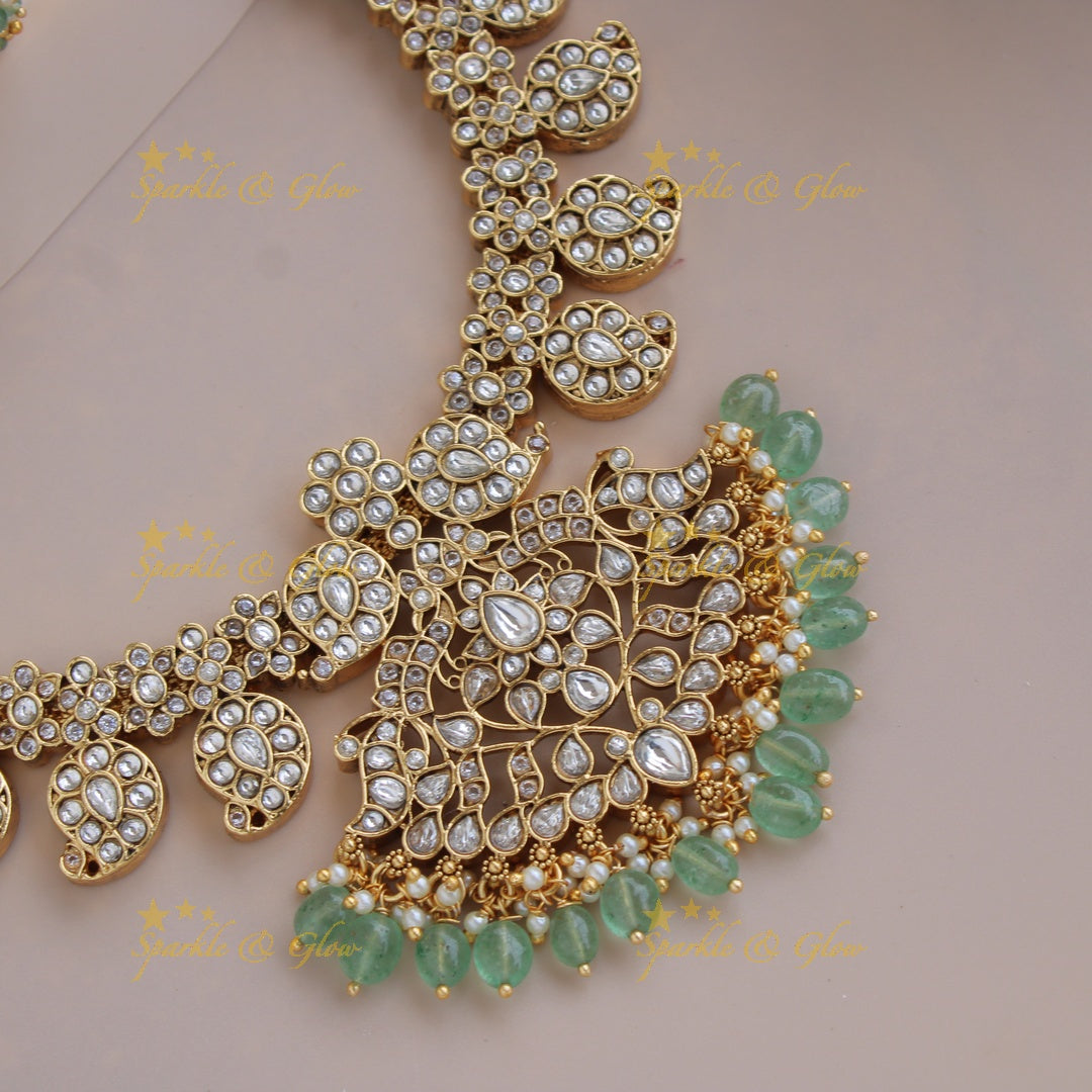 Gorgeous Mango floral jadau long necklace with pearls and mint green beads
