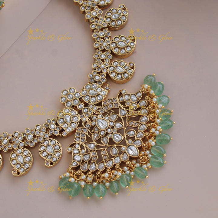 Gorgeous Mango floral jadau long necklace with pearls and mint green beads