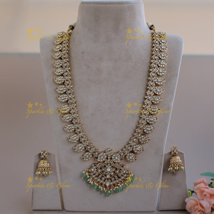 Gorgeous Mango floral jadau long necklace with pearls and mint green beads