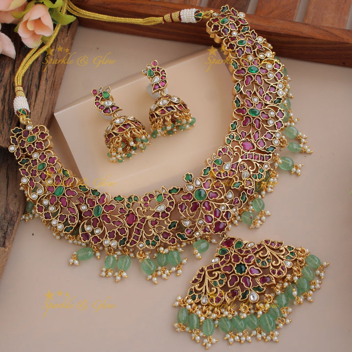 Grand intricate Floral peacock kemp stone short necklace with pearls and mint green beads