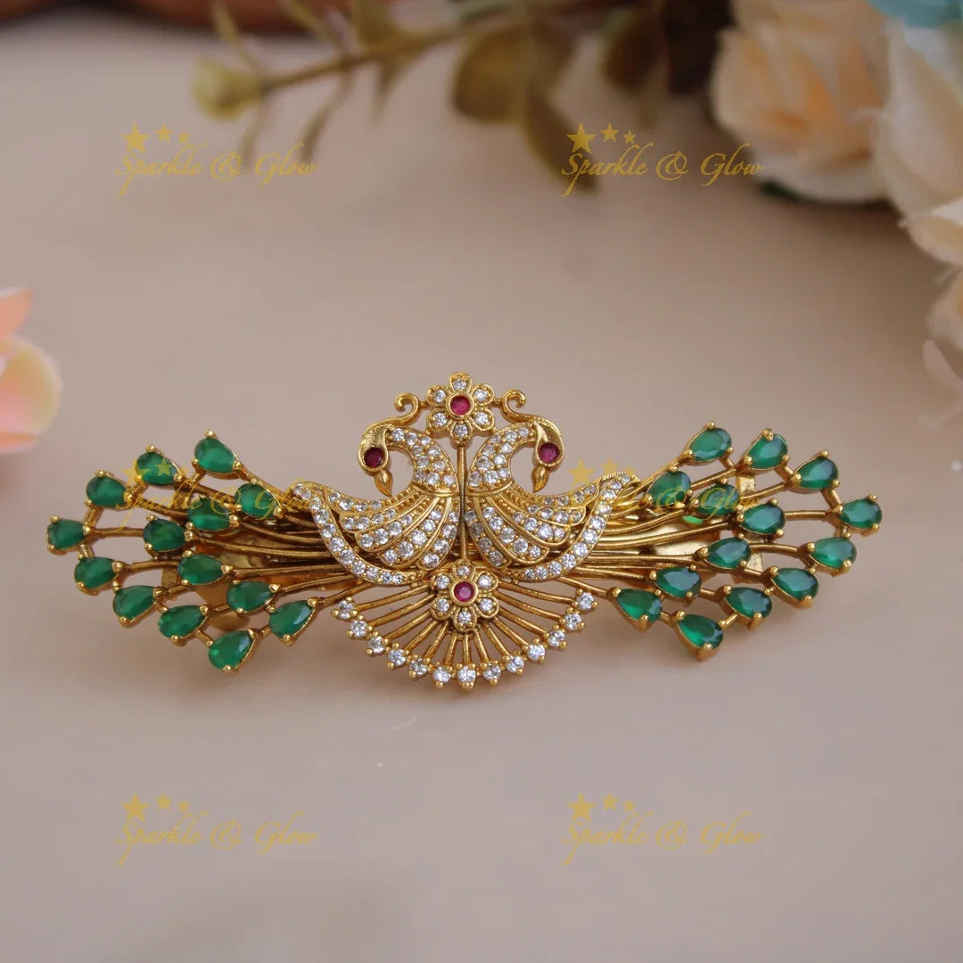 Beautiful Gold alike Peacock With AD Stone Hair Clip-Multi - Sparkle and Glow