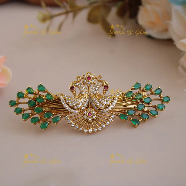 Beautiful Gold alike Peacock With AD Stone Hair Clip-Multi - Sparkle and Glow