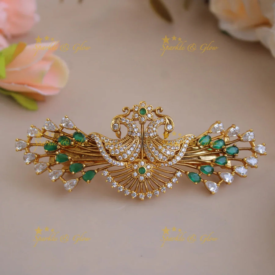 Beautiful Gold alike Peacock With AD Stone Hair Clip-Multi - Sparkle and Glow