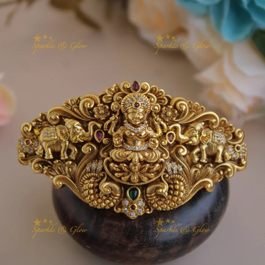 Elegant Gold alike lakshmi with Peacock and elephant Hair Clip-Red - Sparkle and Glow