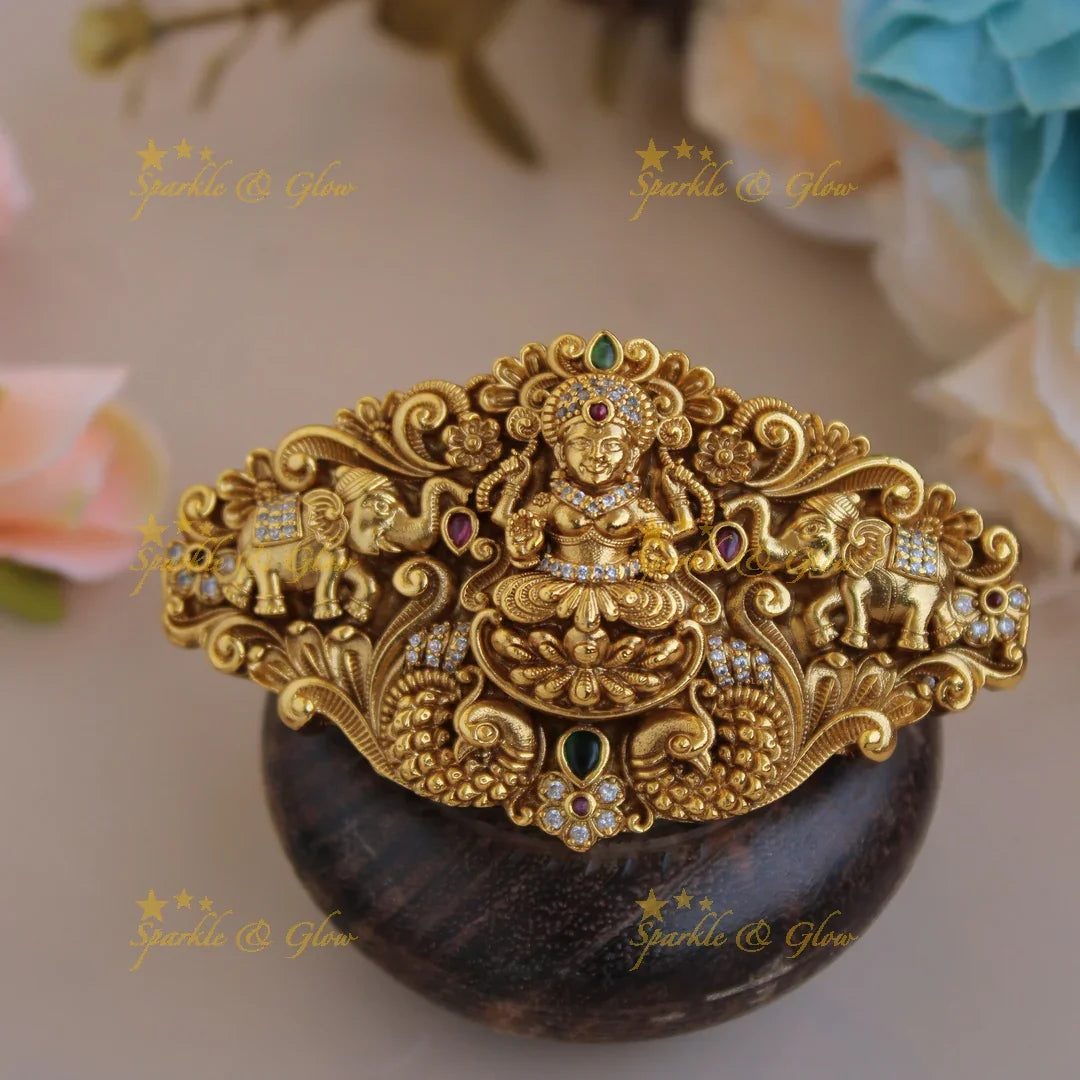 Elegant Gold alike lakshmi with Peacock and elephant Hair Clip-Red - Sparkle and Glow