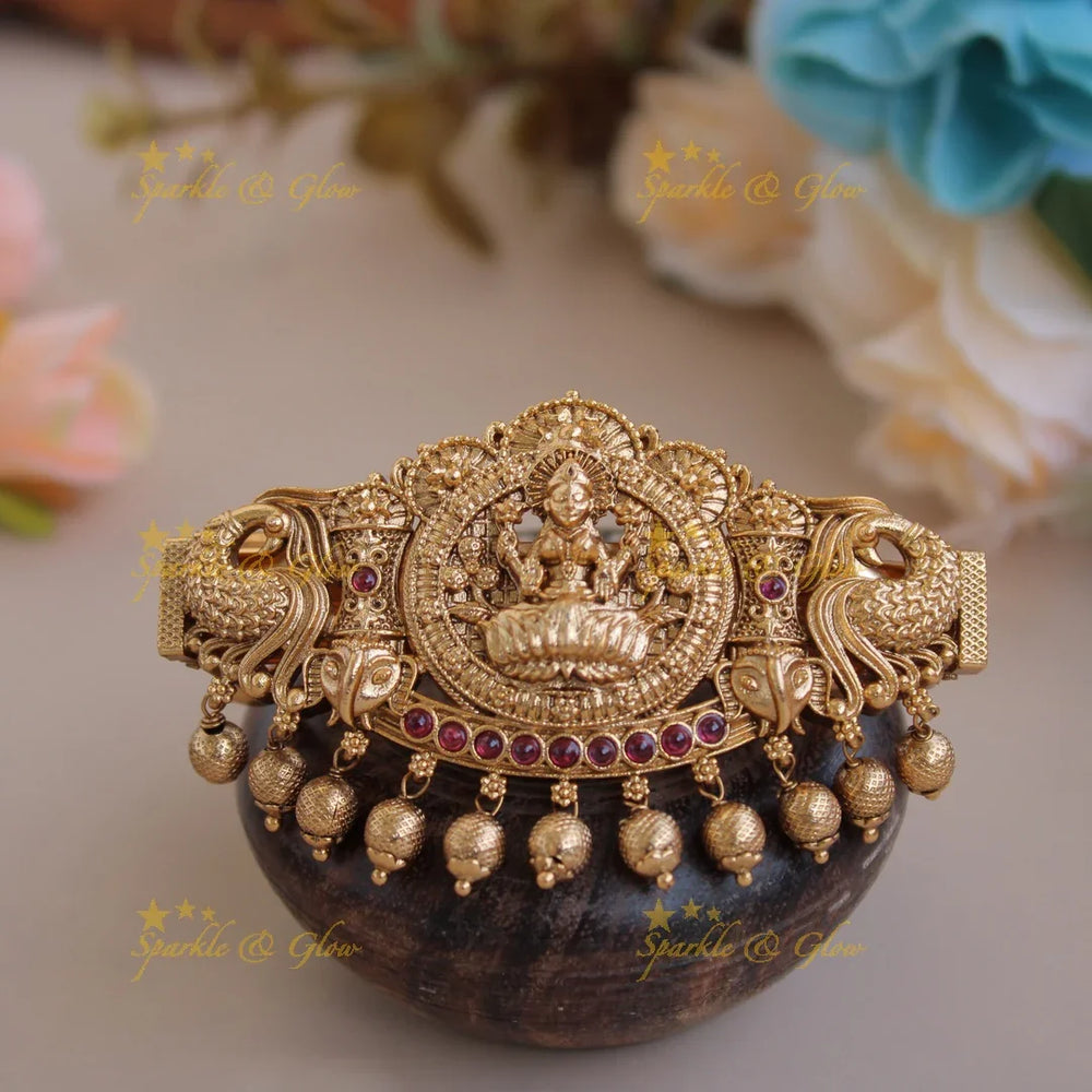 Exclusive Gold alike Lakshmi Peacock with gold beads Hair Clip-Red - Sparkle and Glow