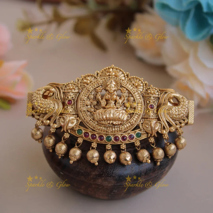 Exclusive Gold alike Lakshmi Peacock with gold beads Hair Clip-Red - Sparkle and Glow