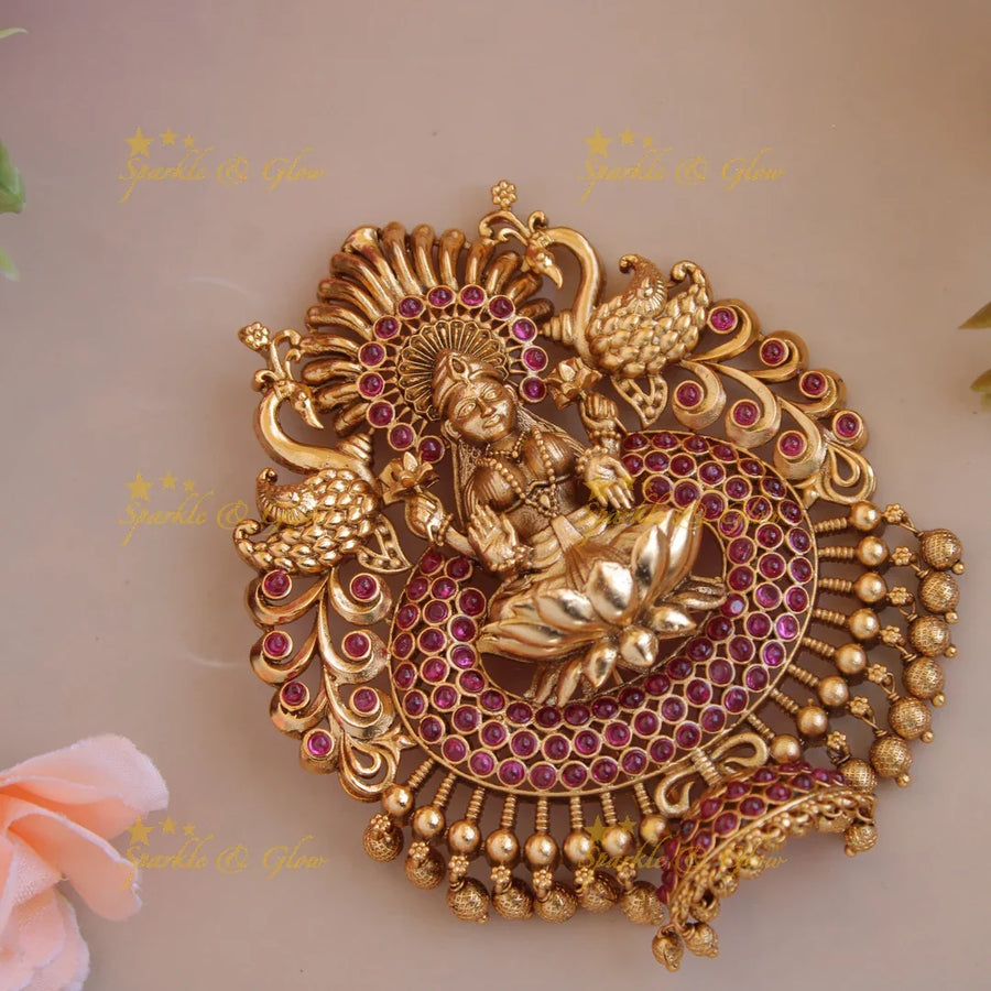Exclusive Gold alike Lakshmi peacock With Red Kemp Stones and gold beads Hair pin - Sparkle and Glow