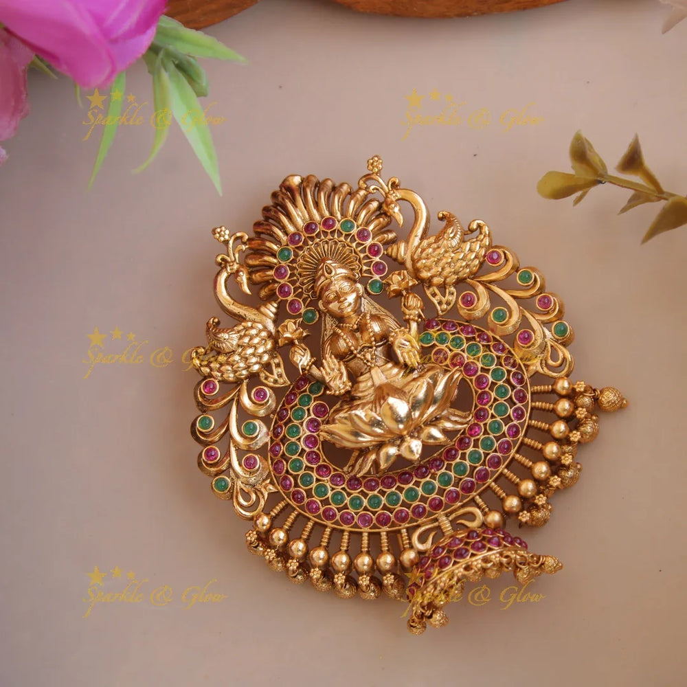 Exclusive Gold alike Lakshmi peacock With Red Kemp Stones and gold beads Hair pin - Sparkle and Glow
