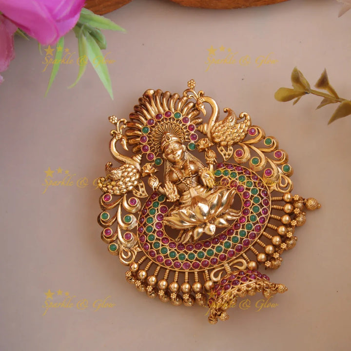 Exclusive Gold alike Lakshmi peacock With Red Kemp Stones and gold beads Hair pin - Sparkle and Glow