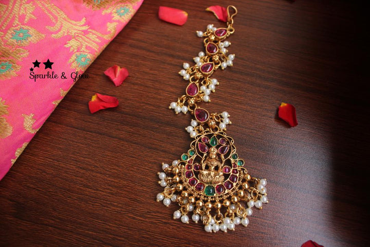 Lakshmi kemp stones single line maang tikka - Multi Gold - Sparkle and Glow - Multi Pearl - 