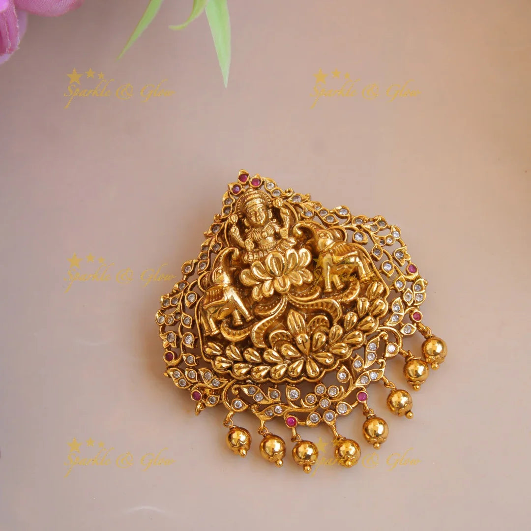 Gold alike Lakshmi elephant carved hair pin with stones and gold beads - Sparkle and Glow