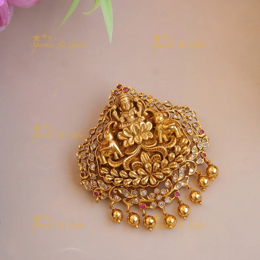 Gold alike Lakshmi elephant carved hair pin with stones and gold beads - Sparkle and Glow