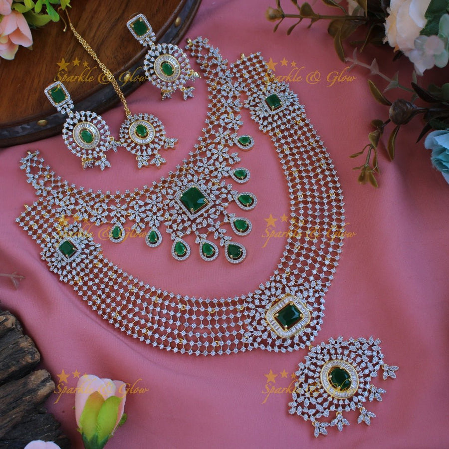 Gorgeous floral american diamond bridal set with emerald with mang tikka - green - Sparkle and Glow - Purple - Back Thread