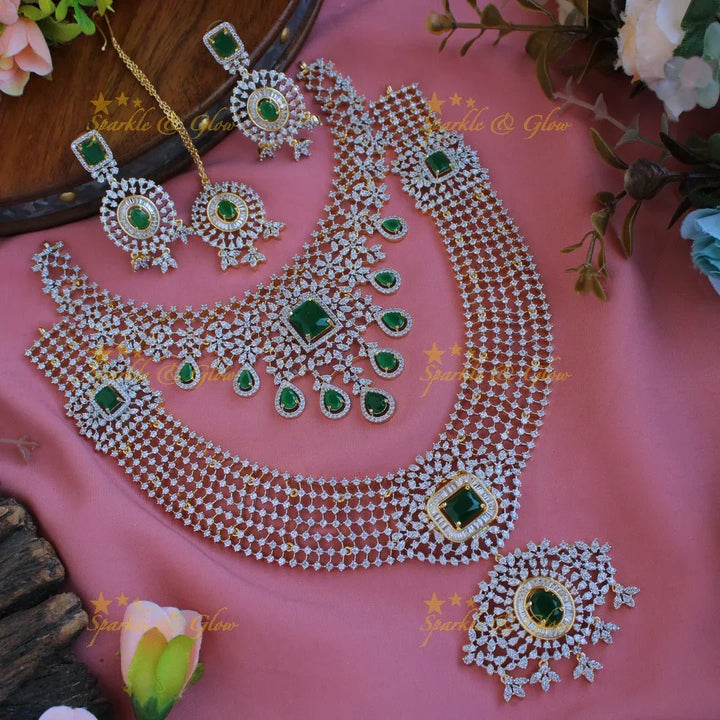 Gorgeous floral american diamond bridal set with emerald with mang tikka - green - Sparkle and Glow