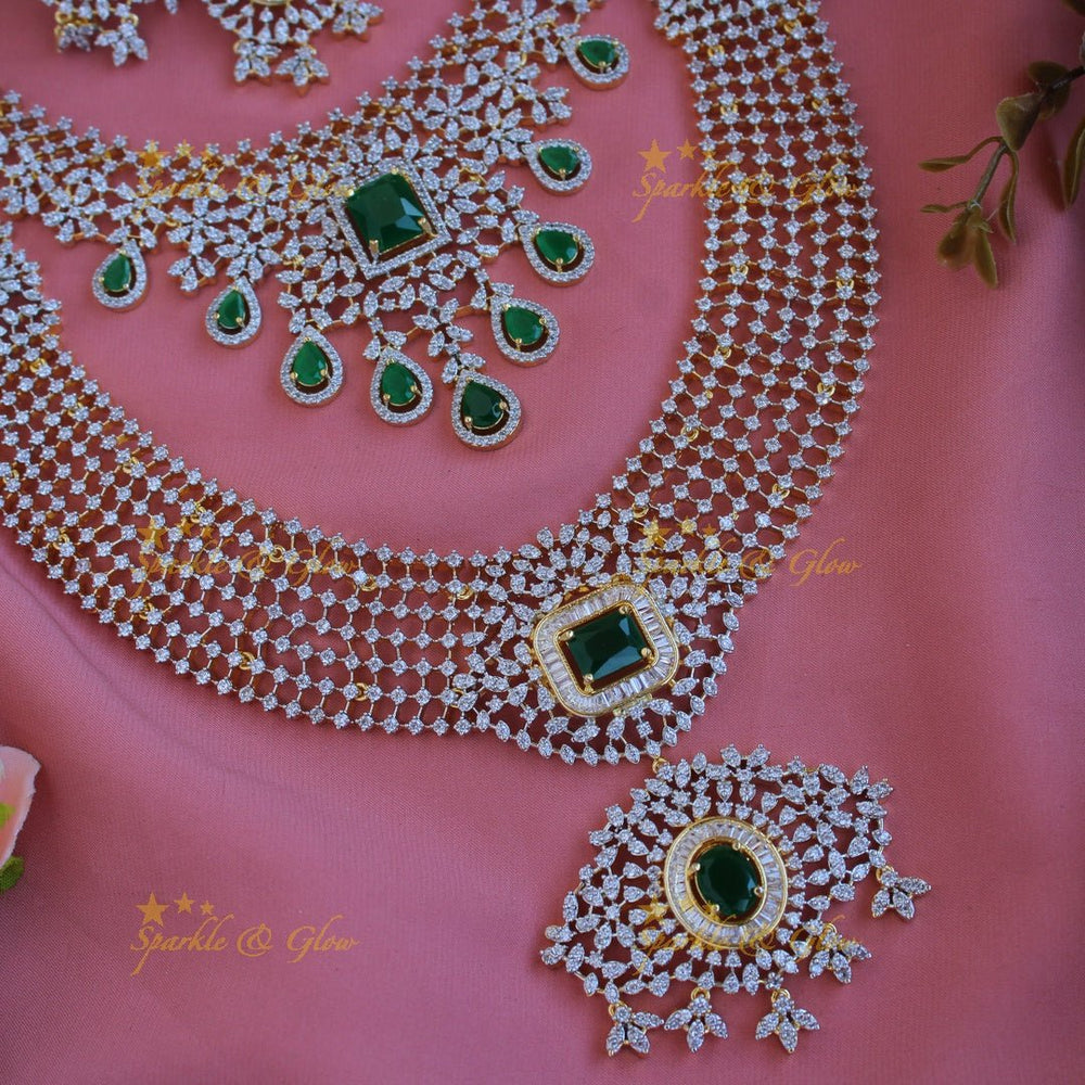 Gorgeous floral american diamond bridal set with emerald with mang tikka - green - Sparkle and Glow - Purple - Back Thread