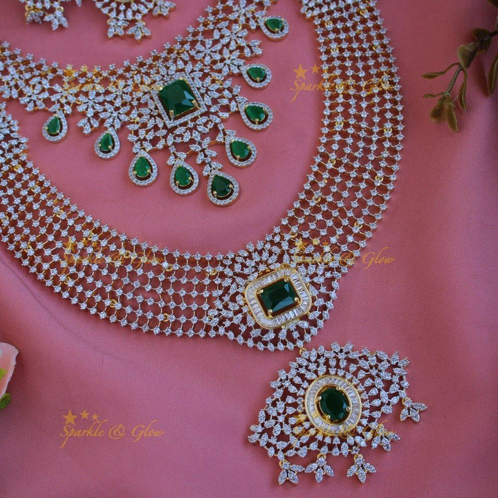 Gorgeous floral american diamond bridal set with emerald with mang tikka - green - Sparkle and Glow