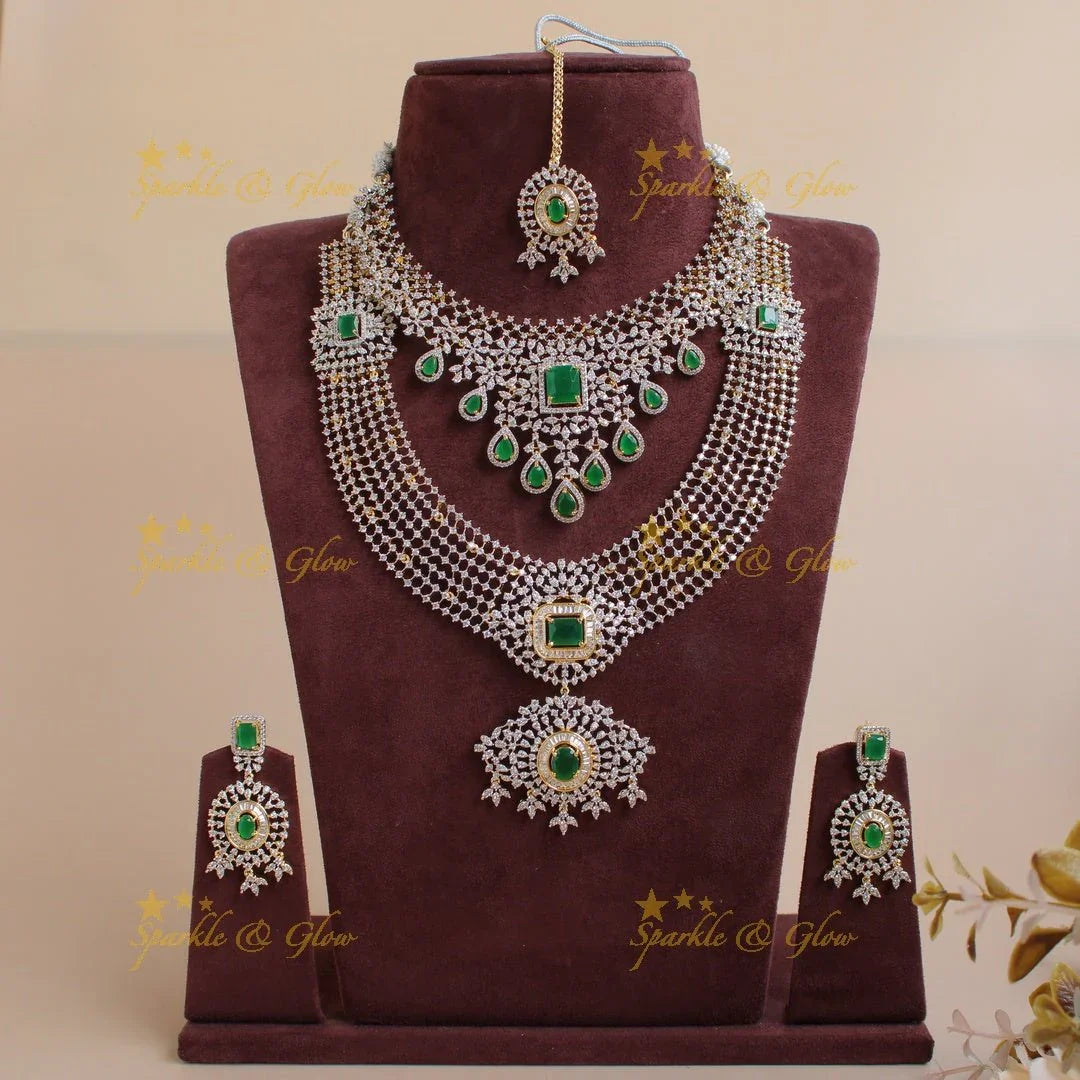 Gorgeous floral american diamond bridal set with emerald with mang tikka - green - Sparkle and Glow