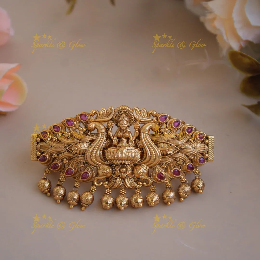 Exclusive Gold alike lakshmi with peacock Hair Clip with Gold Beads-Red - Sparkle and Glow