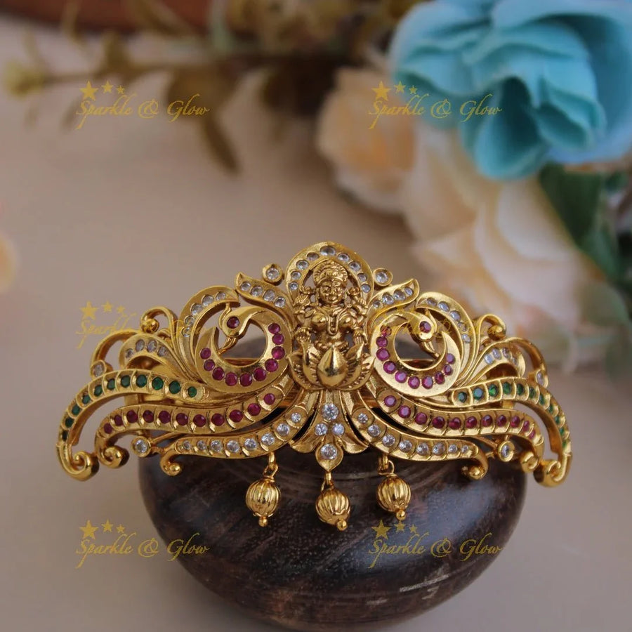 Gold alike Lakshmi Peacock with Gold Beads Hair Clip - Sparkle and Glow