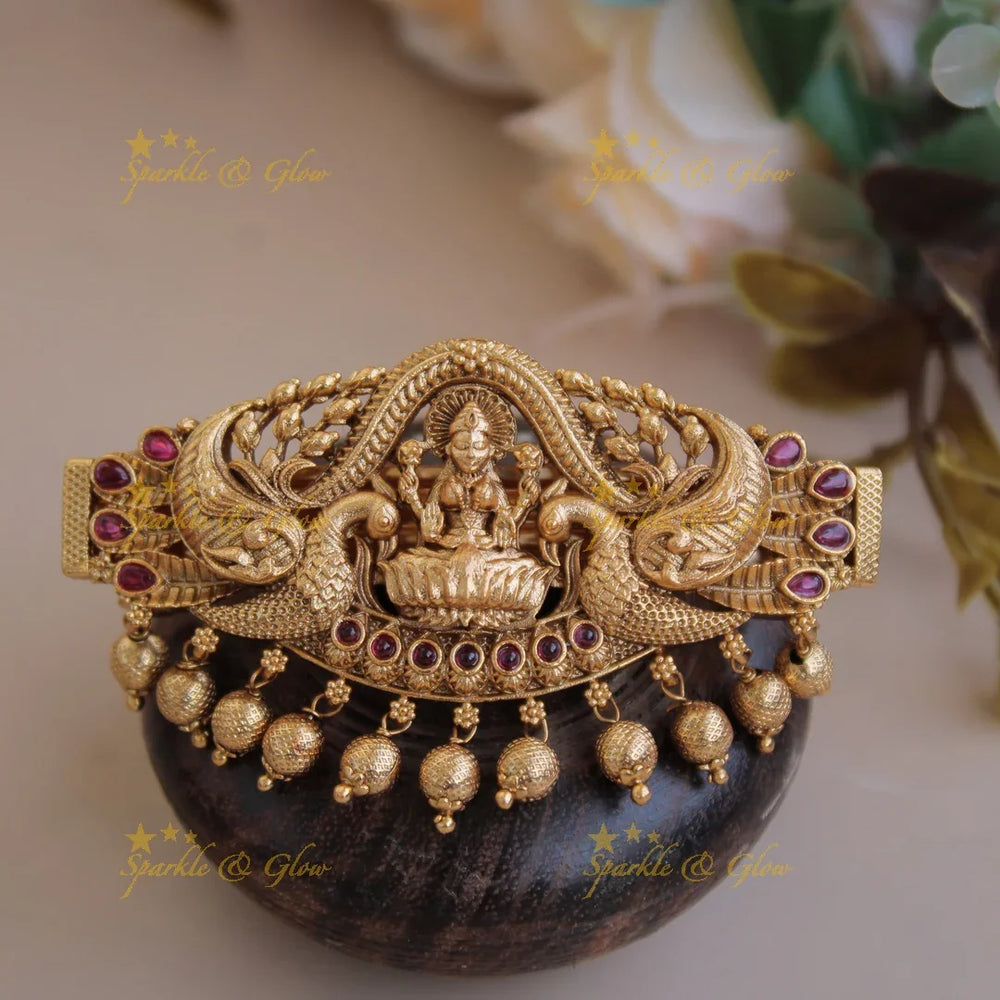 Beautiful Gold alike lakshmi with flying Peacock Hair Clip with gold beads -Red - Sparkle and Glow