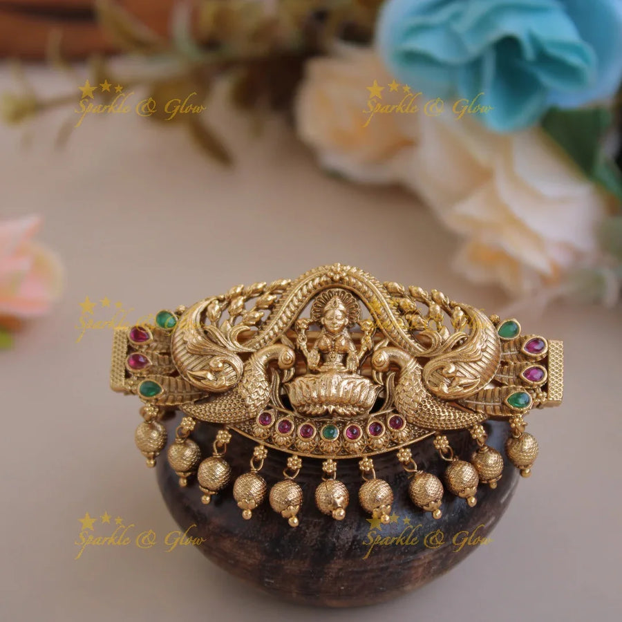 Beautiful Gold alike lakshmi with flying Peacock Hair Clip with gold beads -Red - Sparkle and Glow