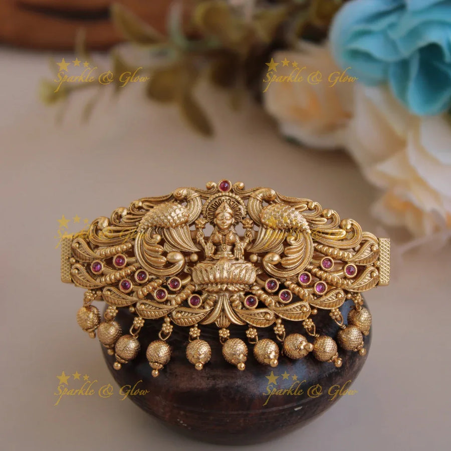 Gold alike Lakshmi Peacock with Gold Beads Hair Clip-Red - Sparkle and Glow