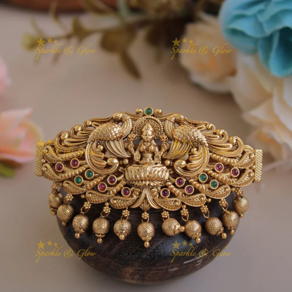 Gold alike Lakshmi Peacock with Gold Beads Hair Clip-Red - Sparkle and Glow