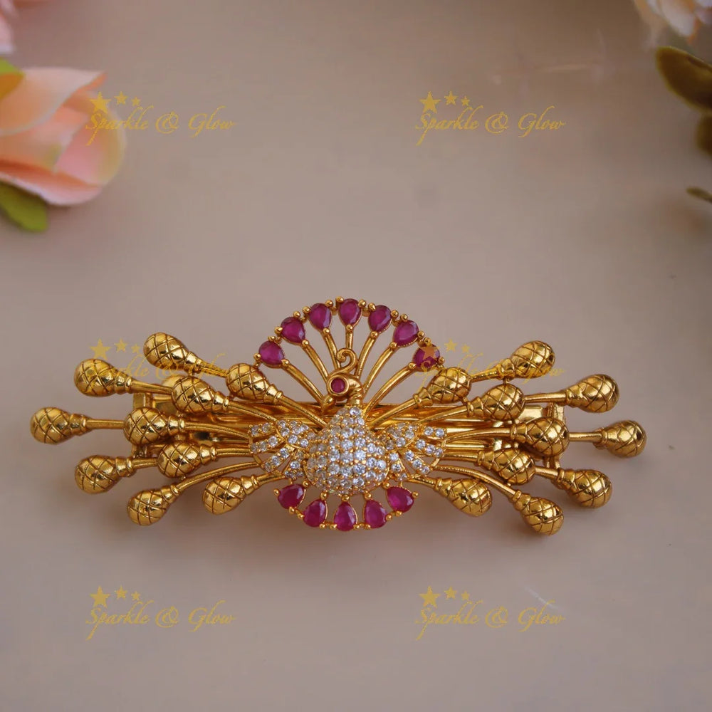 Beautiful Gold alike Peacock with AD stone Hair Clip-RedWhite - Sparkle and Glow