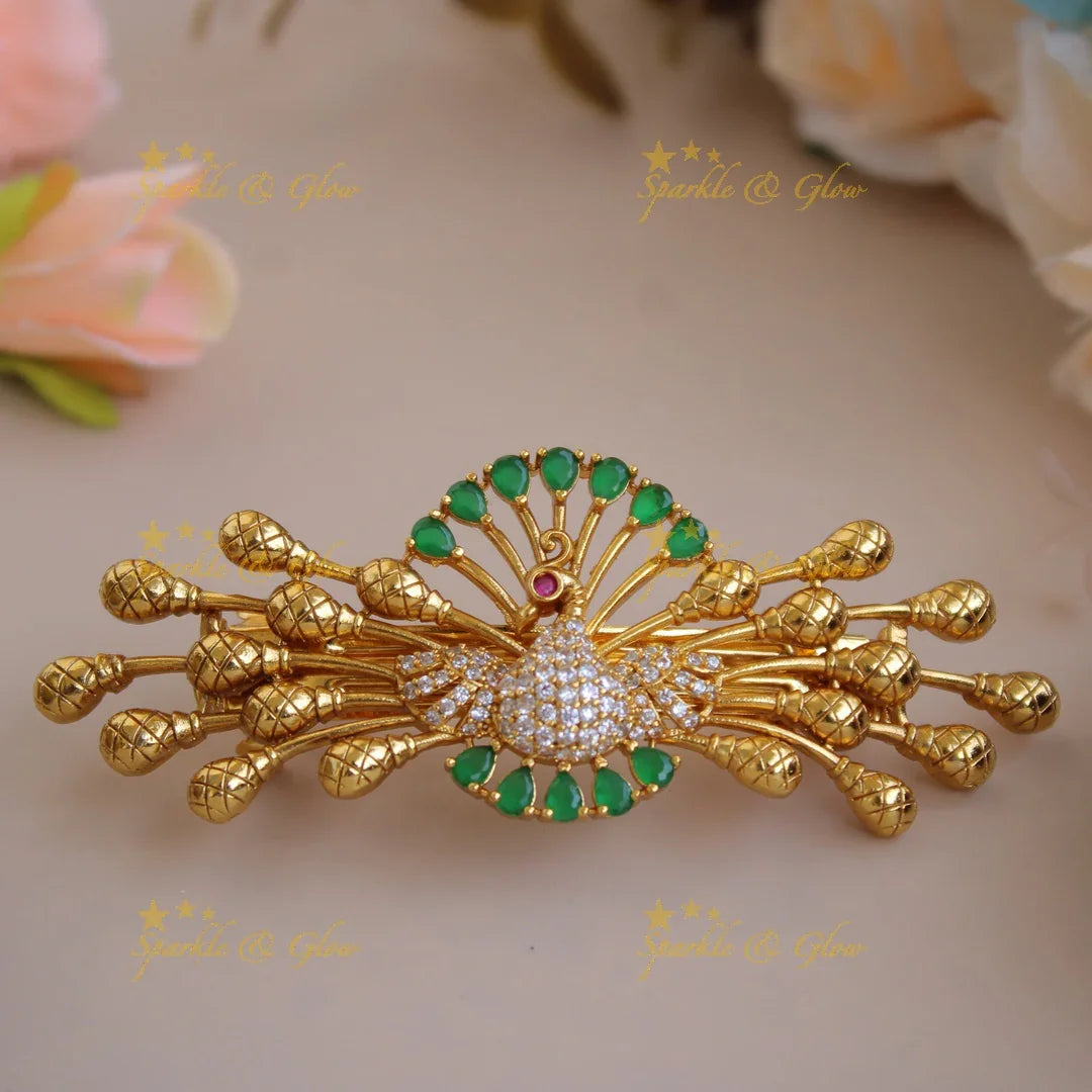 Beautiful Gold alike Peacock with AD stone Hair Clip-RedWhite - Sparkle and Glow