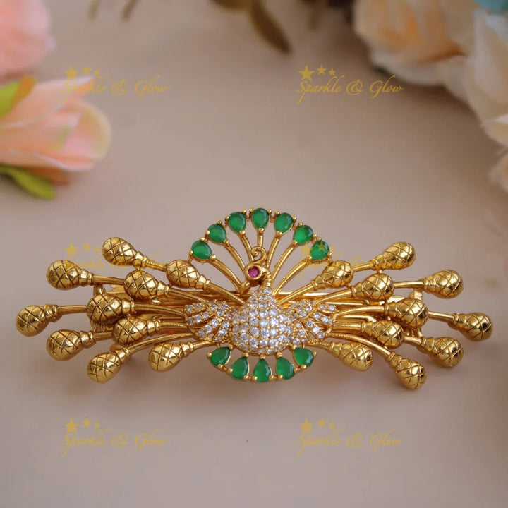 Beautiful Gold alike Peacock with AD stone Hair Clip-RedWhite - Sparkle and Glow