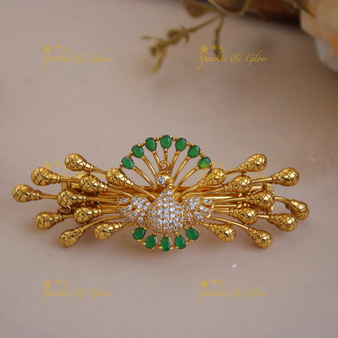 Beautiful Gold alike Peacock with AD stone Hair Clip-RedWhite - Sparkle and Glow