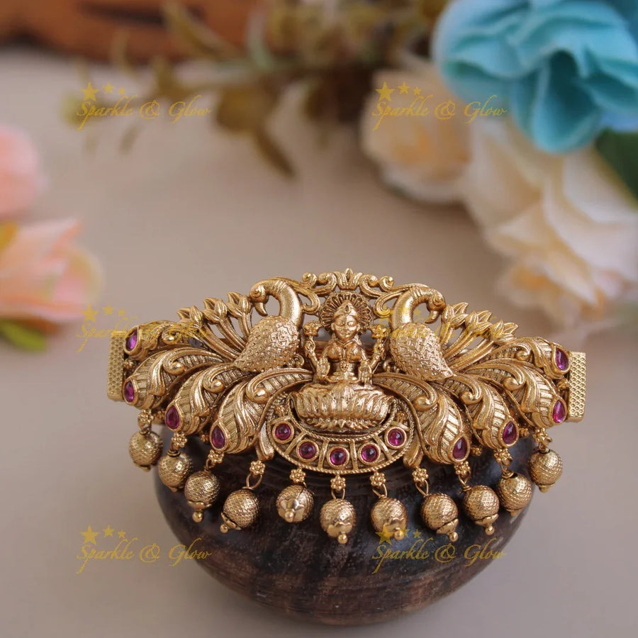 Elegant Gold alike Lakshmi Peacock Gold Beads Hair Clip-Red - Sparkle and Glow