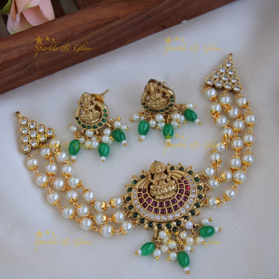 Statement premium matte Lakshmi pearl choker with green beads - Sparkle and Glow