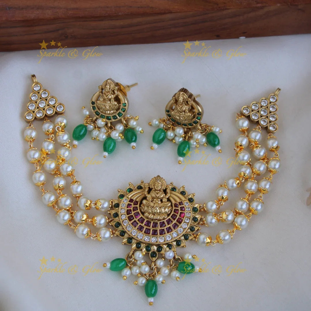 Statement premium matte Lakshmi pearl choker with green beads - Sparkle and Glow