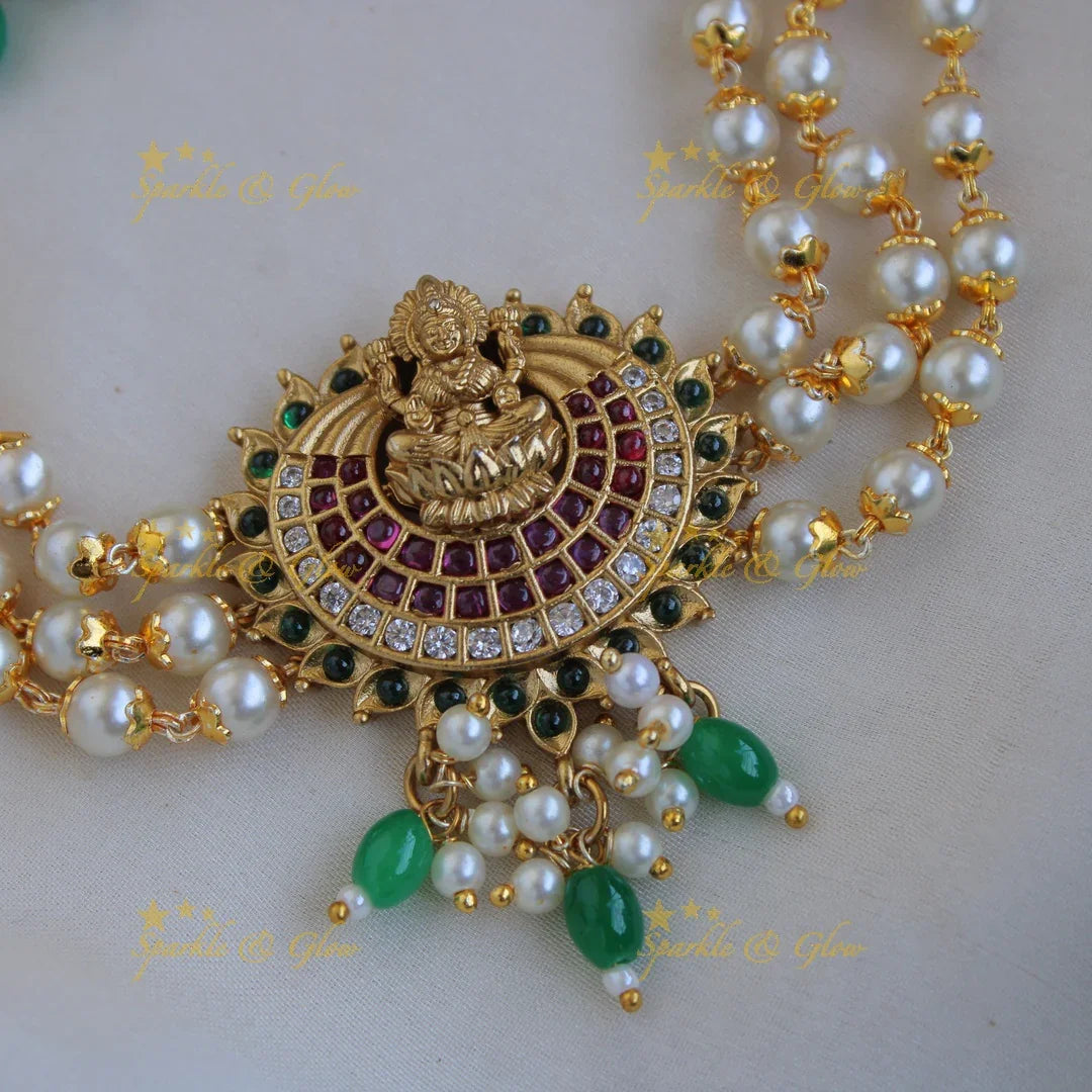 Statement premium matte Lakshmi pearl choker with green beads - Sparkle and Glow