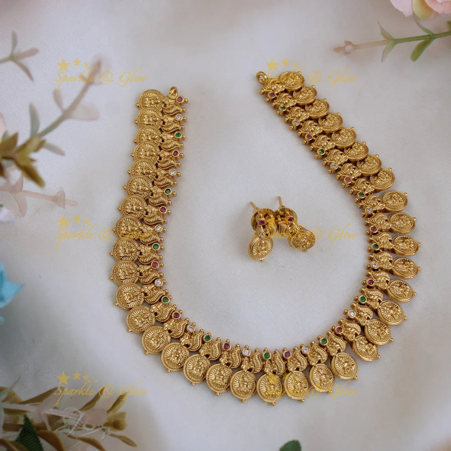 Premium matte budgetted Lakshmi coin necklace - Sparkle and Glow